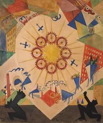 Utlovade landet. Scenografi för teaterpjäsen Mystery-Bouffe av Vladimir Majakovskij, 1919.
