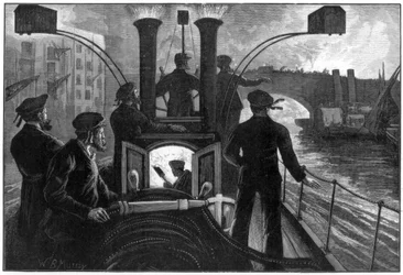 Ångbrandbil på väg till en brand vid floden, Londons brandkår, 1890.