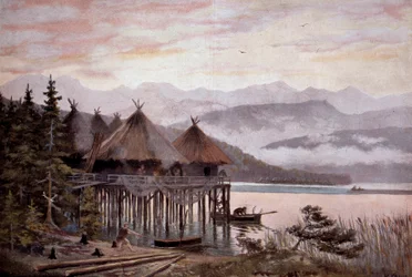 Förhistoria: byn bati på pålar vid stranden av Zürichsjön i Pierres tid. Lake village, förhistorisk sjöstad. Från en målning av W. Kranz 1900-tal