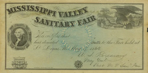 Tomt illustrerat bidragsbevis för donationer gjorda vid Mississippi Valley Sanitary Fair, 7 maj 1864
