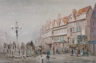 Utsikt österut längs södra sidan av Holborn and Stable Inn, London, 1860.