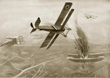 Kapten Hawkers luftstrid med tre tyska flygplan, 25 juli 1915, illustration ur "Nationens historia"