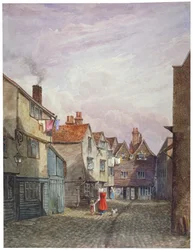 Vy över en kvinna och ett barn som går nerför Crown Court, Bermondsey, London, c1825
