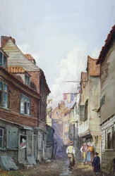 Vy över figurer i Glean Alley, Bermondsey, London, c1825