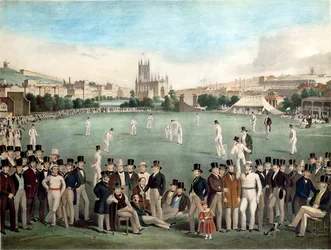 En cricketmatch mellan Sussex och Kent 1840, publicerad av S. Lipschitz, London, ca 1849 (färgad gravyr)
