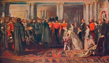 Drottning Victoria delar ut medaljer till gardet efter Krimkriget, 1856-1906.