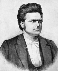 Porträtt av Bjornstjerne Martinius Bjornson (1832-1910), norsk författare, poet och dramatiker, träsnitt efter fotografi av Budtz Mueller och co.