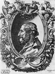Porträtt av Ludovico Ariosto (1474-1533), italiensk poet och dramatiker, Medaglie del Doni, gravyr av Enea Vico (1523-1567)