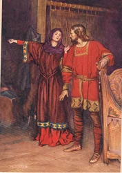 Gertrud avslöjar att Hamlet har dödat Polonius, ur «Hamlet» av William Shakespeare, utgåva publicerad av Hodder och Stoughton 1915