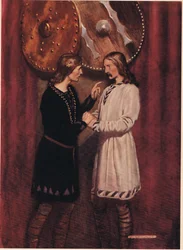 Hamlet pratar med Horatio, från "Hamlet" av William Shakespeare, utgåva publicerad av Hodder und Stoughton 1915.