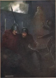 Hamlets fars spöke dyker upp från "Hamlet" av William Shakespeare, utgåva publicerad av Hodder und Stoughton 1915