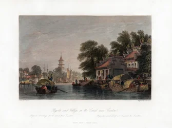 Pagoda och by, på kanalen nära Kanton, Kina, c1840.