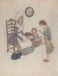 Hon satte sig en dag och gjorde av några rött tyg ett par små skor, c1930