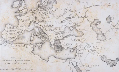 De barbariska nationernas områden och gradvisa framryckning, cirka 1850