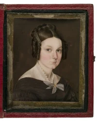 Miniatyrporträtt av Sally Ann Gage, ca 1837 (wc på elfenben, läder, kopparlegering och glas)