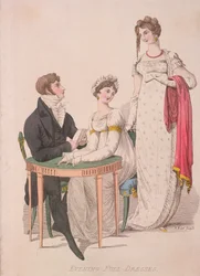 Två kvinnor och en man iklädd helfrack, c1810