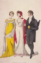 Två kvinnor och en man iklädda helklänning, c1810