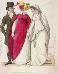 Två kvinnor bär vandringsklänningar åtföljda av en man, c1810