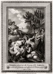 Myrrha, pensionerad till Sabeans land, levereras av Adonis..., 1775