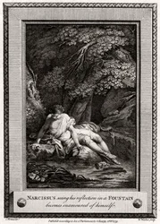 Narcissus som ser sin reflektion i en fontän blir förälskad i sig själv, 1775