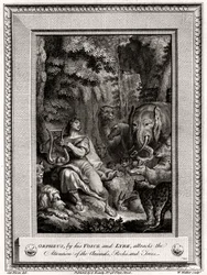 Orpheus, genom sin röst och lyra, lockar uppmärksamheten från djuren, klipporna och träden, 1774.