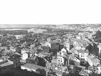 Översikt över staden Genua, Italien, 1895.