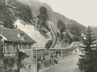 Startpunkt för Pilatusjärnvägen, Alpnachstad, Schweiz, 1895.