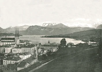 Utsikt över Luzern och dess berg, Schweiz, 1895.