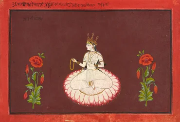 Saraswati, folio från a Goddess-serien, ca 1680-1700 (ogenomskinlig akvarell och guld på papper)