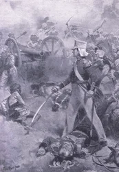 Chilianwala, 13 januari 1849: Pennycuicks kropp bevakad av hans son, illustration från British Battles on Land and Sea, 1915