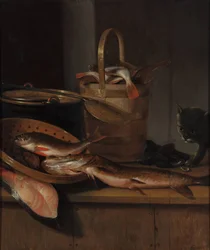 Stilleben med fisk och katt, ca. 1650-1660