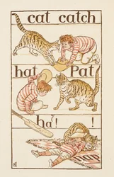 En pojke som leker med en katt. Illustration i 