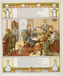 En familj som äter förfriskningar i en buffé. Färgillustration från 