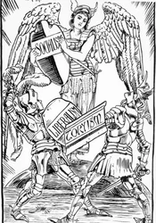 Allegori om Walter Crane: Socialismen segrar hårt i kampen mellan liberalism och torysm (det engelska konservativa partiet). Gravyr från slutet av 1800-talet.