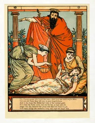 Och ner faller hon i dödssömn, från The Blue Beard Picture Book, pub. 1879.
