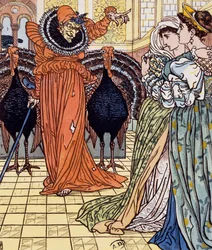 En häxas uppenbarelse åtföljd av två påfåglar, gravyr efter en teckning av Walter Crane (1845-1915)