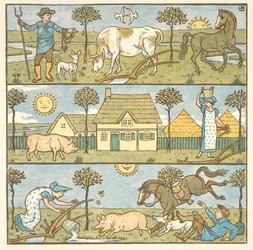 Färgillustration för "den lilla katastrofen". En bonde, en mjölkpiga och olika husdjur.