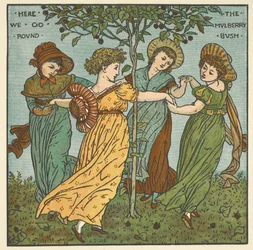 Färgillustration för "mullbärsbusken". Fyra kvinnor som dansar runt ett träd.