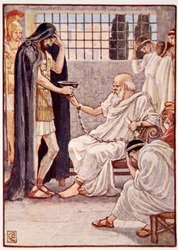 Han drack innehållet som om det vore ett vin, illustration från The Story of Greece av Mary Macgregor, 1:a upplagan, 1913 (färgtryck).
