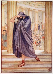 Han lämnade församlingen och gömde sitt ansikte i sin kappa, illustration från The Story of Greece av Mary Macgregor, 1:a upplagan, 1913 (färgtryck)