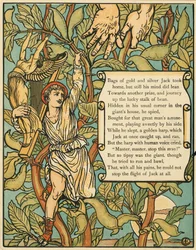 Jack nedstigande Beanstalk från Jack and the Beanstalk pub. 1875 färglitografi, 1875.