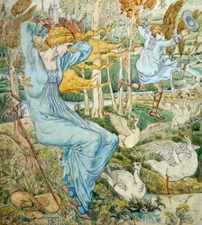 "En ung man försöker hinna ifatt sin hatt, som har flugit iväg i vinden. En gåsvaktare tittar på honom. Illustration av Walter Crane (1845-1915) Privat samling