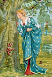 "Den unga kvinnan upptäcker att hennes älskare har graverat in sitt namn på stammen. Illustration av Walter Crane (1845-1915) Privat samling