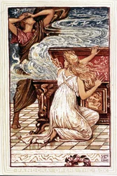 Pandora öppnar lådan. Illustration av Walter Crane för "Wonder book for girls and boys", London 1893.