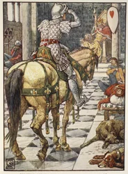 Percival erhåller det bankande hjärtats sköld, från "Stories of the Knights of the Round Table" av Henry Gilbert, första upplagan, 1911