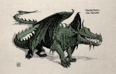 Representation av den mytologiska draken Ashchemon Drawing av Walter Crane från 1899.