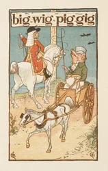 Rimande ord som slutar på bokstaven G. En illustration som visar en gris som rider på en häst och en annan kör en vagn. Den gyllene primern.