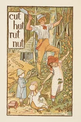 Rimande ord som slutar på bokstaven T. En illustration som visar en man som skär ett träd. Tre barn är med honom. Den gyllene primern.