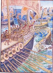 Skepp rusade mot skepp, tills de persiska döda strödde ut djupet som blommor, illustration från The Story of Greece, 1930-talet