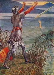 Sir Bedivere kastar svärdet Excalibur i sjön, 1911.